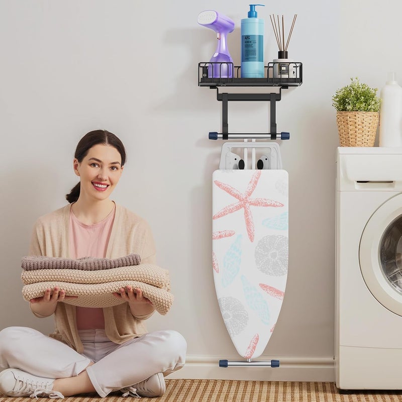 ORLESS Ironing Board Hanger Metal Wall Mount Iron and Ironing Board Holder, Laundry Room Decor and Storage with Large Storage Black Wooden Base Basket - Image 2